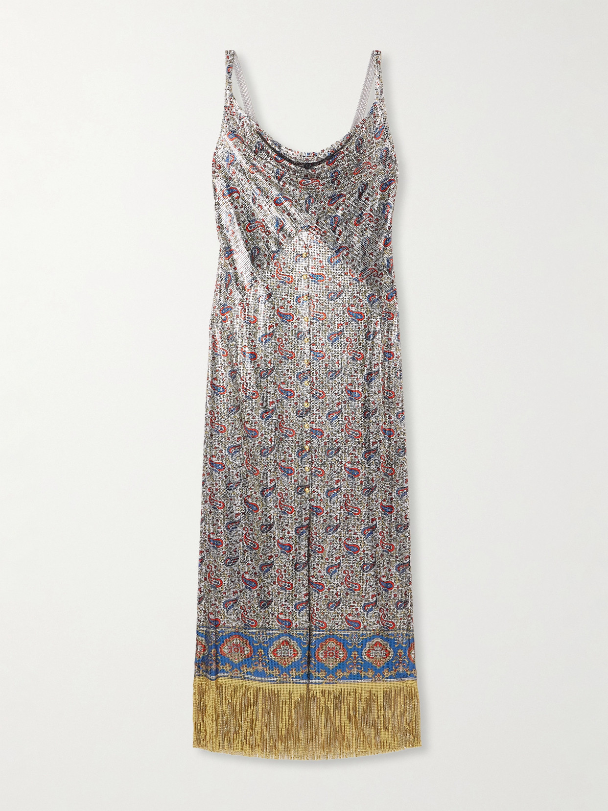 Rabanne Fringed Draped Paisley-print Chainmail Midi Dress In Gray