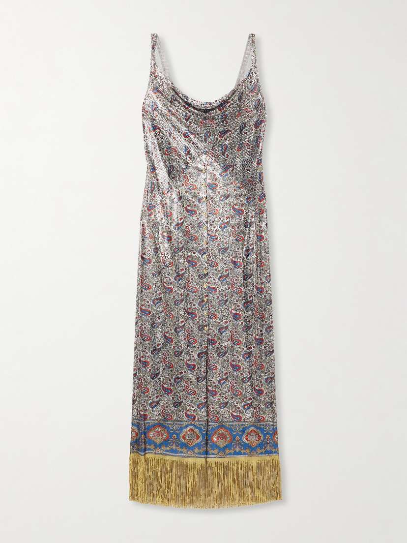 Rabanne Fringed Draped Paisley-print Chainmail Midi Dress