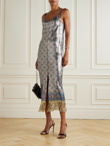 Rabanne Fringed draped paisley-print chainmail midi dress