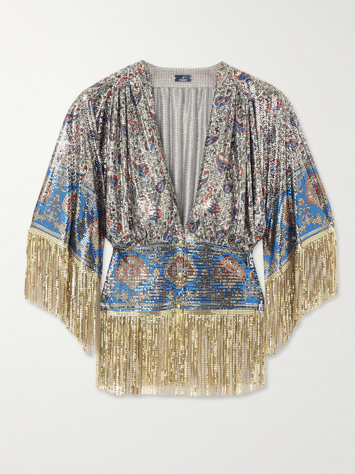 Rabanne Fringed Printed Chainmail Blouse In Gray