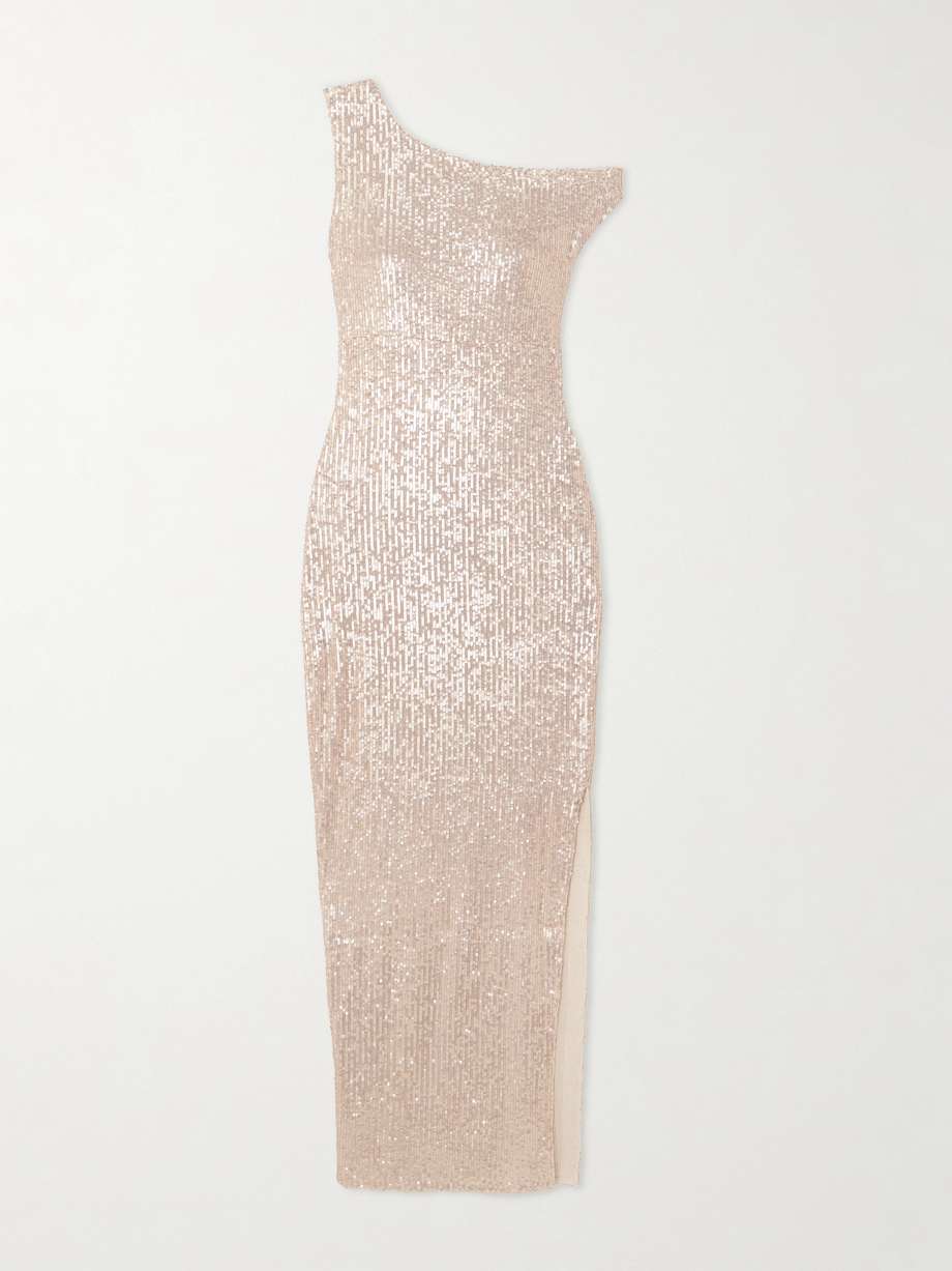 one-shoulder sequined stretch-mesh maxi dress