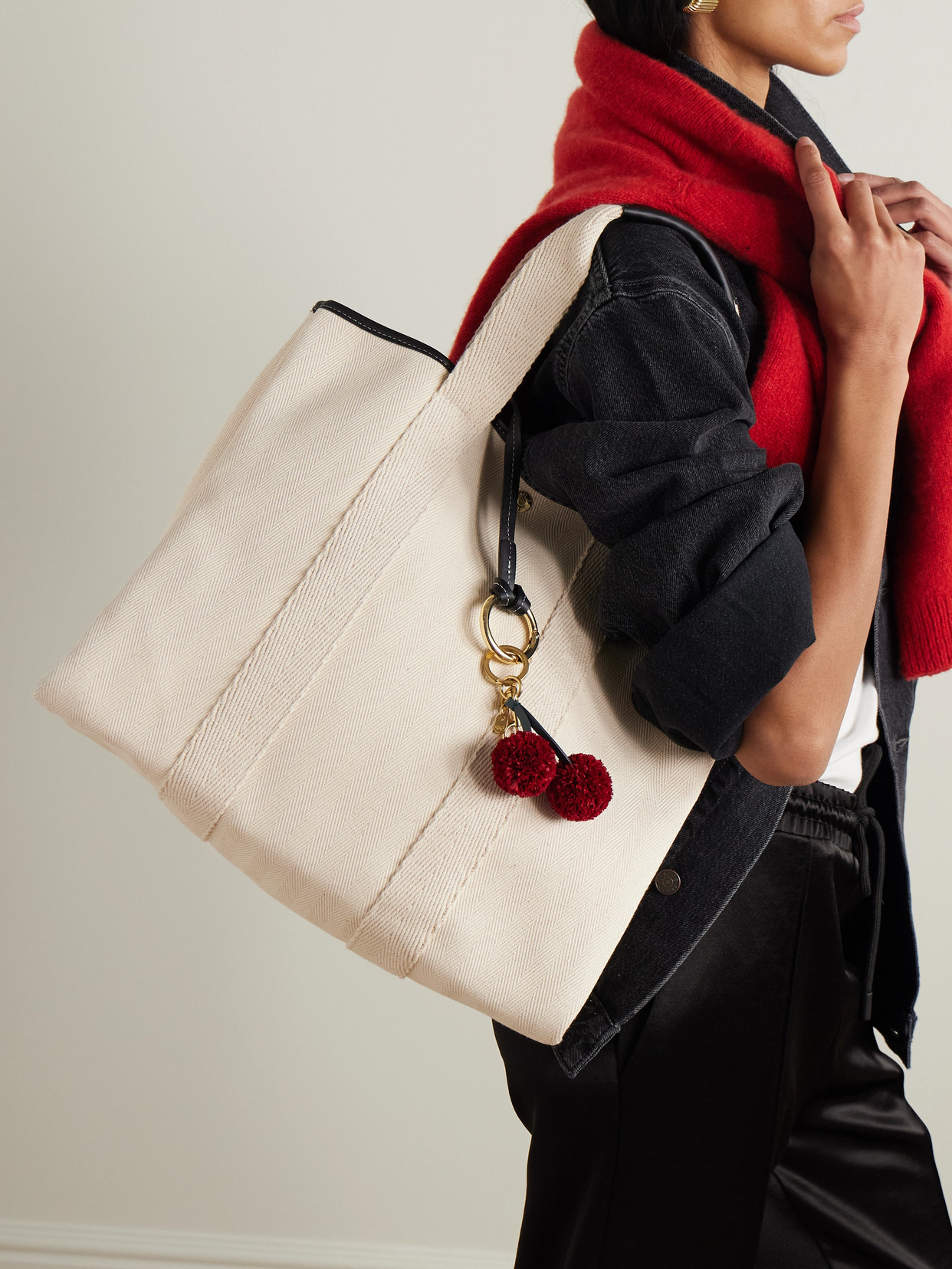 RUE DE VERNEUIL LARGE LEATHER- AND WEBBING-TRIMMED HERRINGBONE CANVAS TOTE