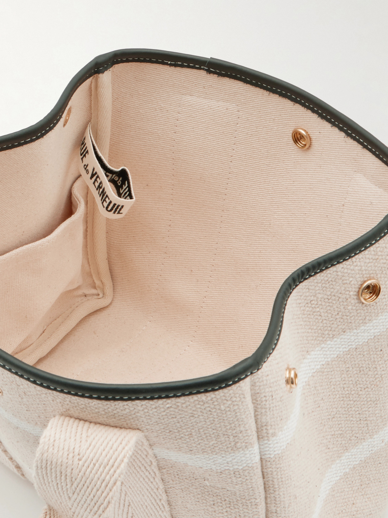 Shop Rue De Verneuil Club Traversée Small Leather And Webbing-trimmed Striped Canvas Tote In Neutrals