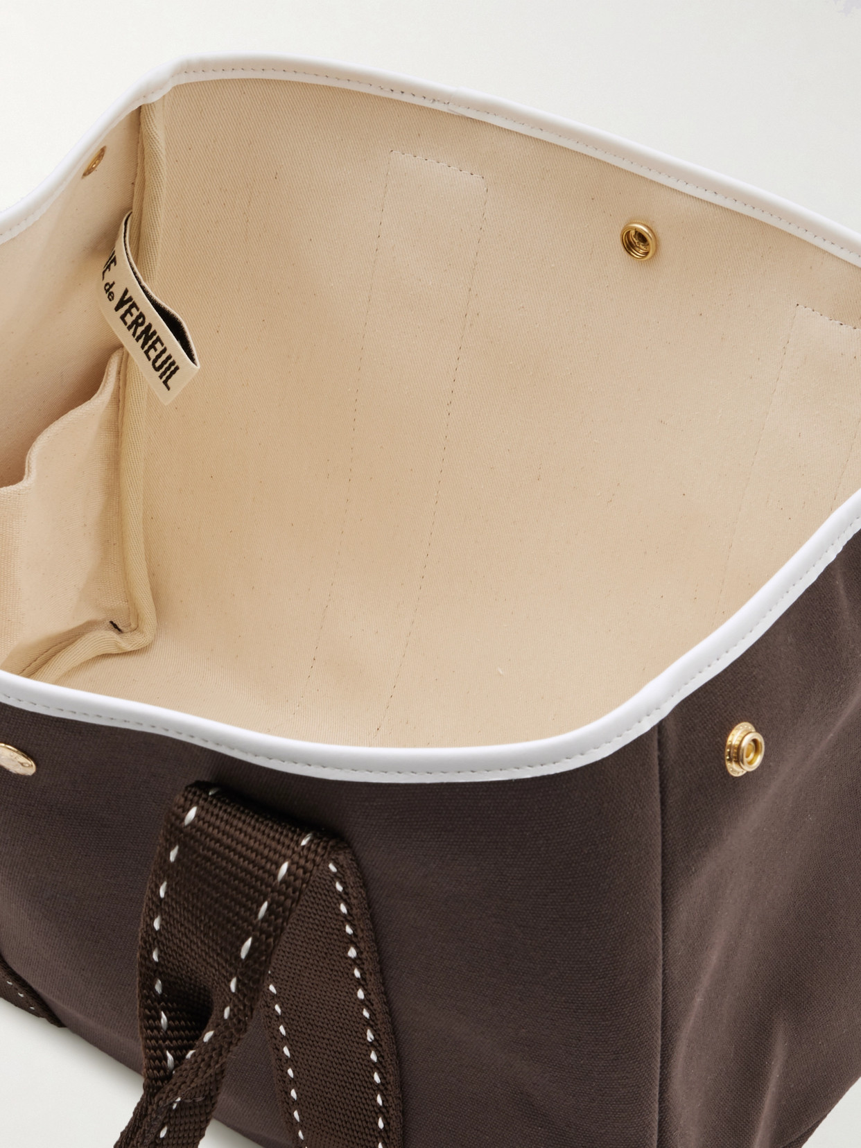 Shop Rue De Verneuil Sellier Medium Leather And Webbing-trimmed Canvas Tote In Brown