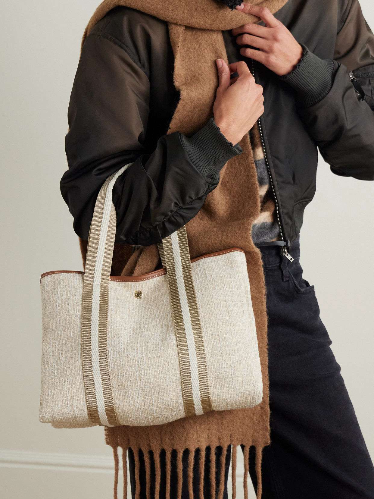 RUE DE VERNEUIL TRAVERSÉE MEDIUM LEATHER- AND WEBBING-TRIMMED TWEED TOTE