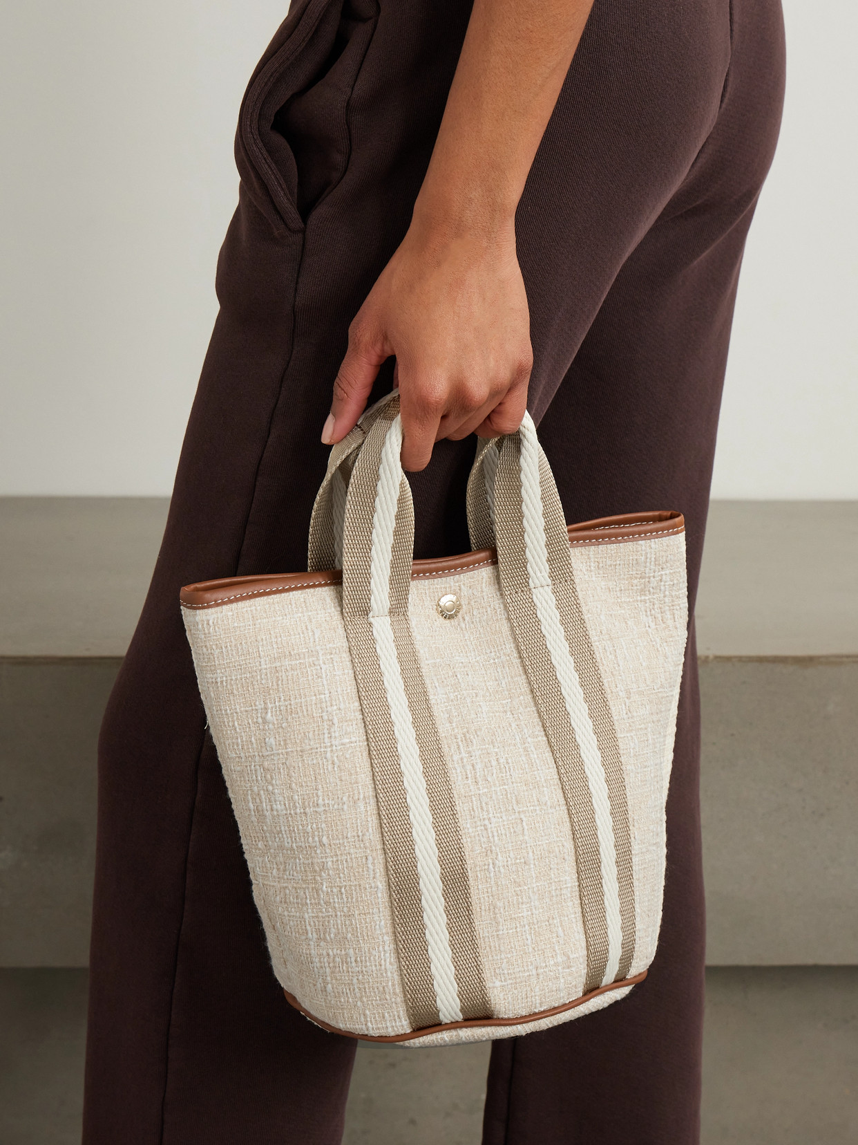 Rue De Verneuil Cruise Bucket Small Leather- And Webbing-trimmed Tweed Tote In Neutrals