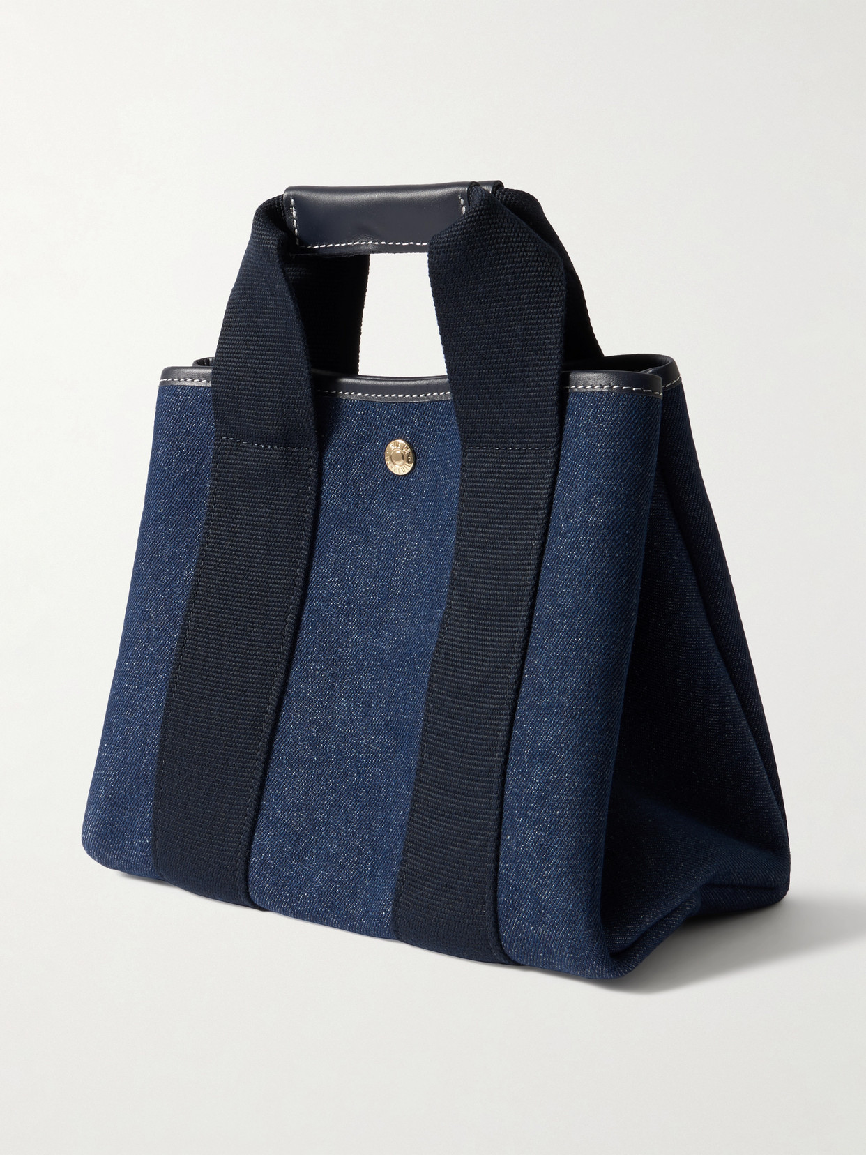 Rue De Verneuil Traversée Small Leather And Webbing-trimmed Denim Tote In Blue