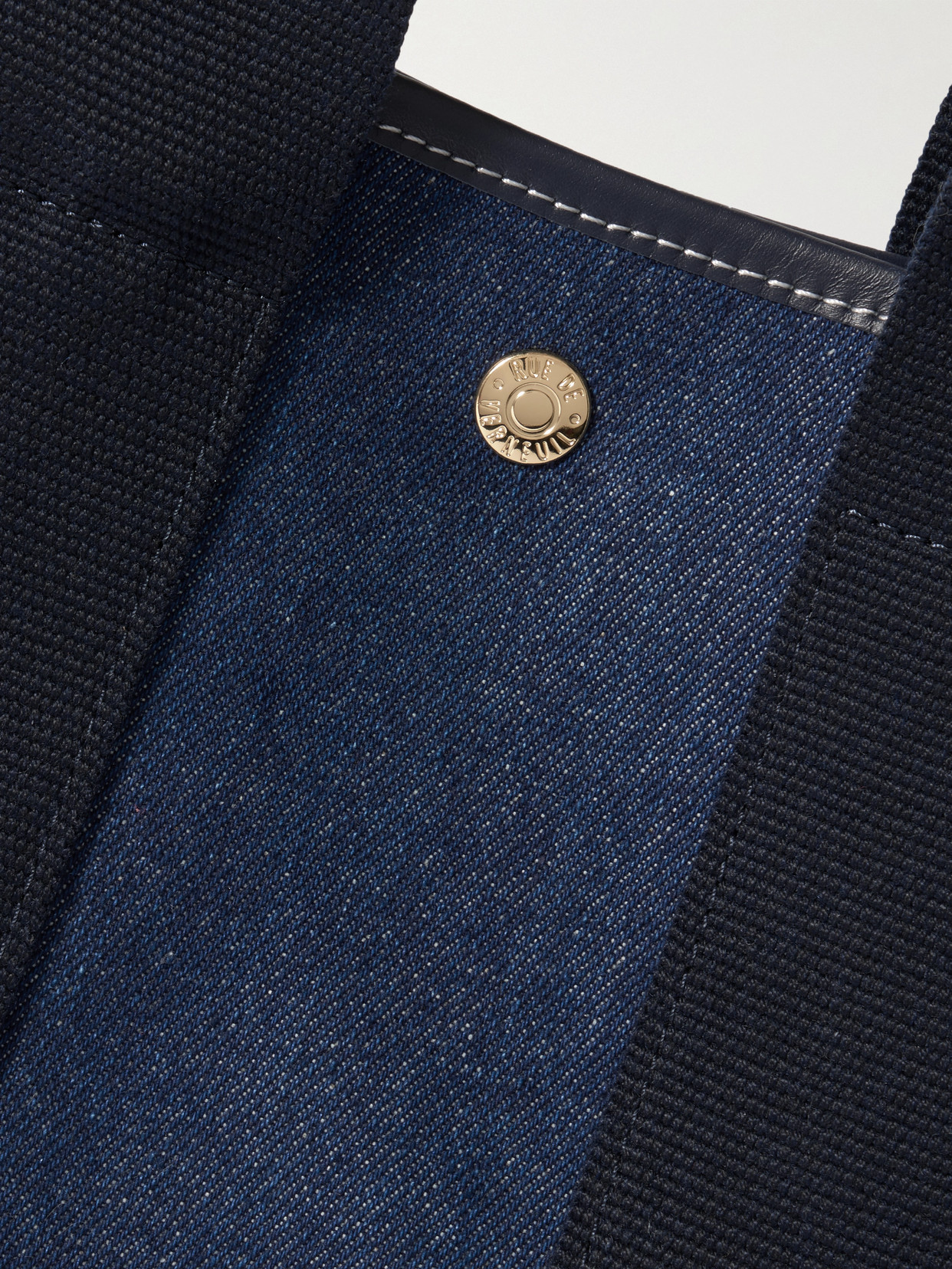 Rue De Verneuil Traversée Small Leather And Webbing-trimmed Denim Tote In Blue
