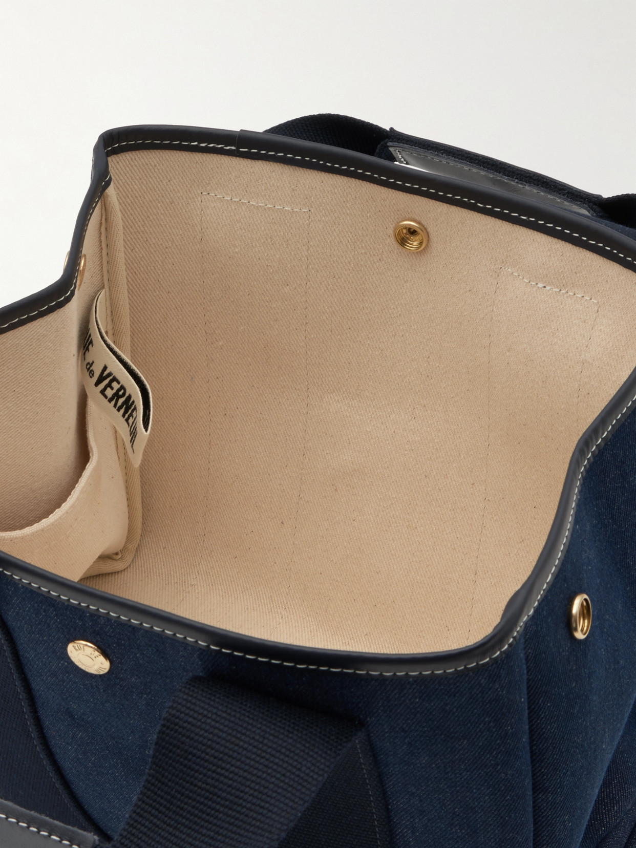 Rue De Verneuil Traversée Small Leather And Webbing-trimmed Denim Tote In Blue