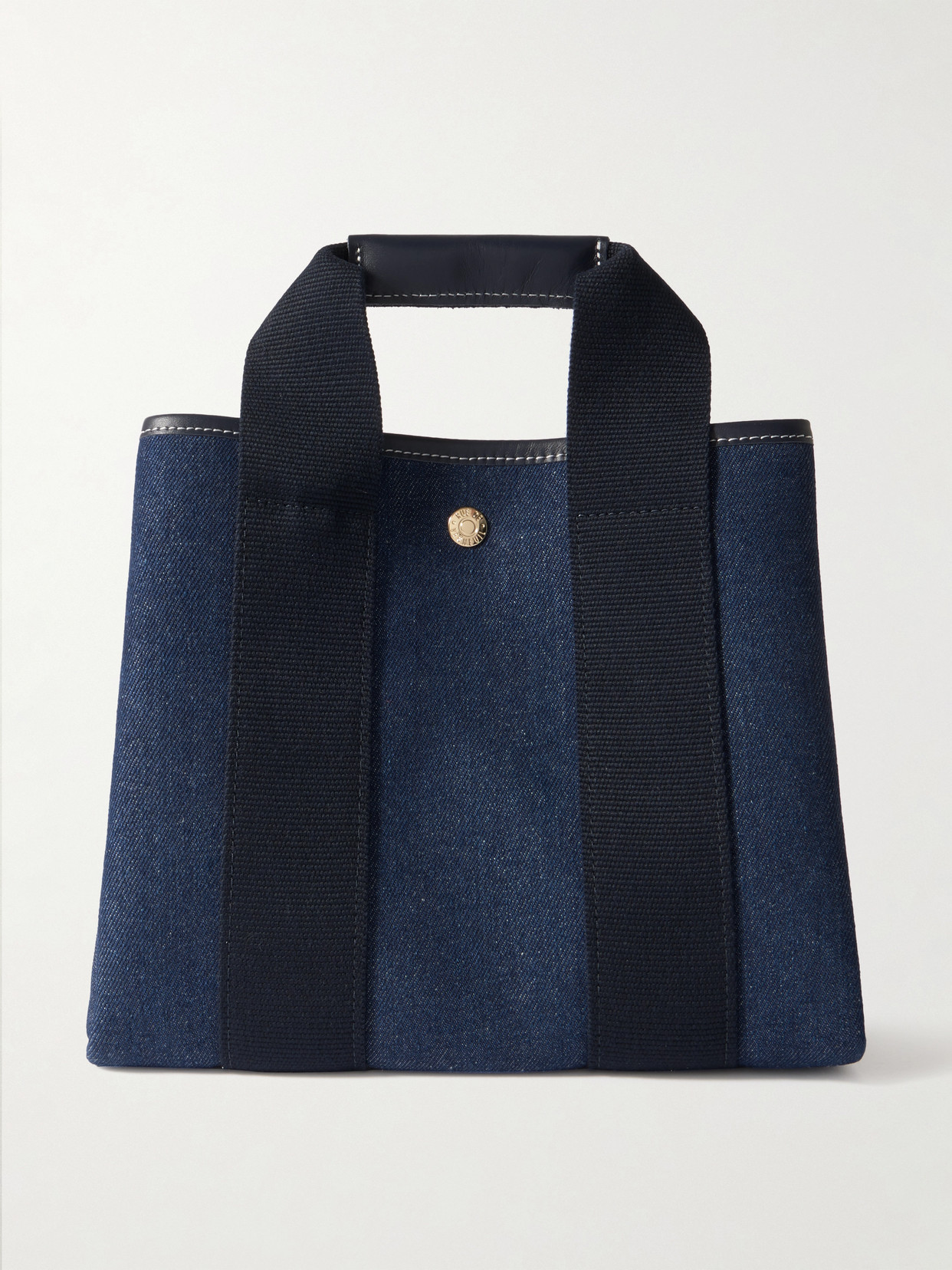 Rue De Verneuil Traversée Small Leather And Webbing-trimmed Denim Tote In Blue