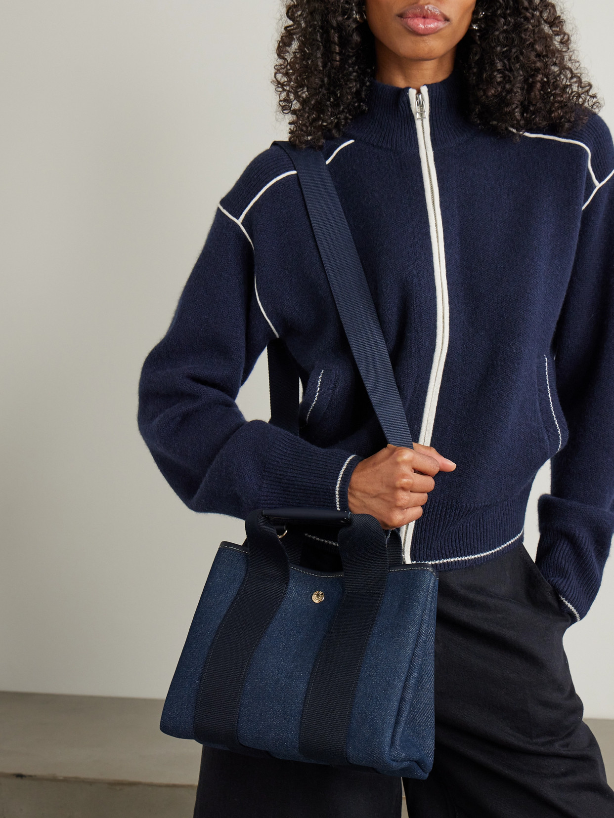 Rue De Verneuil Traversée Small Leather And Webbing-trimmed Denim Tote In Blue