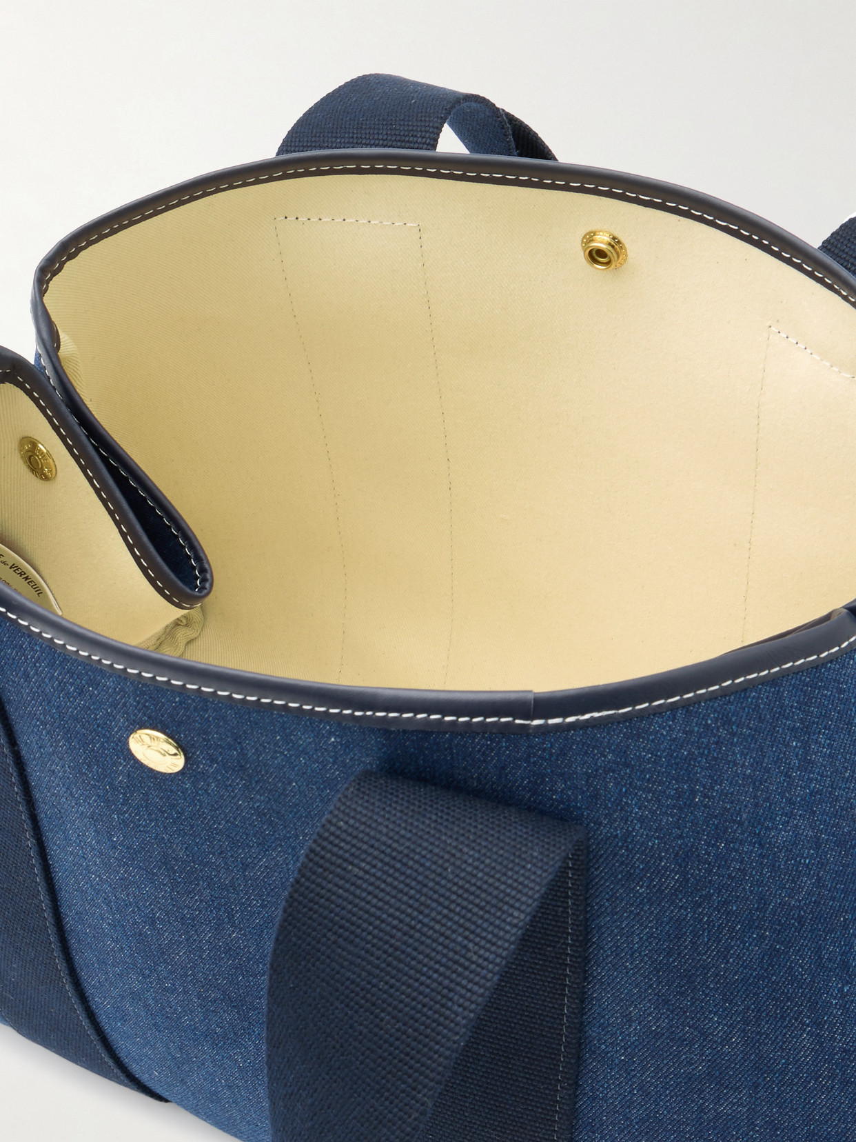 Rue De Verneuil Traversée Medium Leather- And Webbing-trimmed Denim Tote In Blue