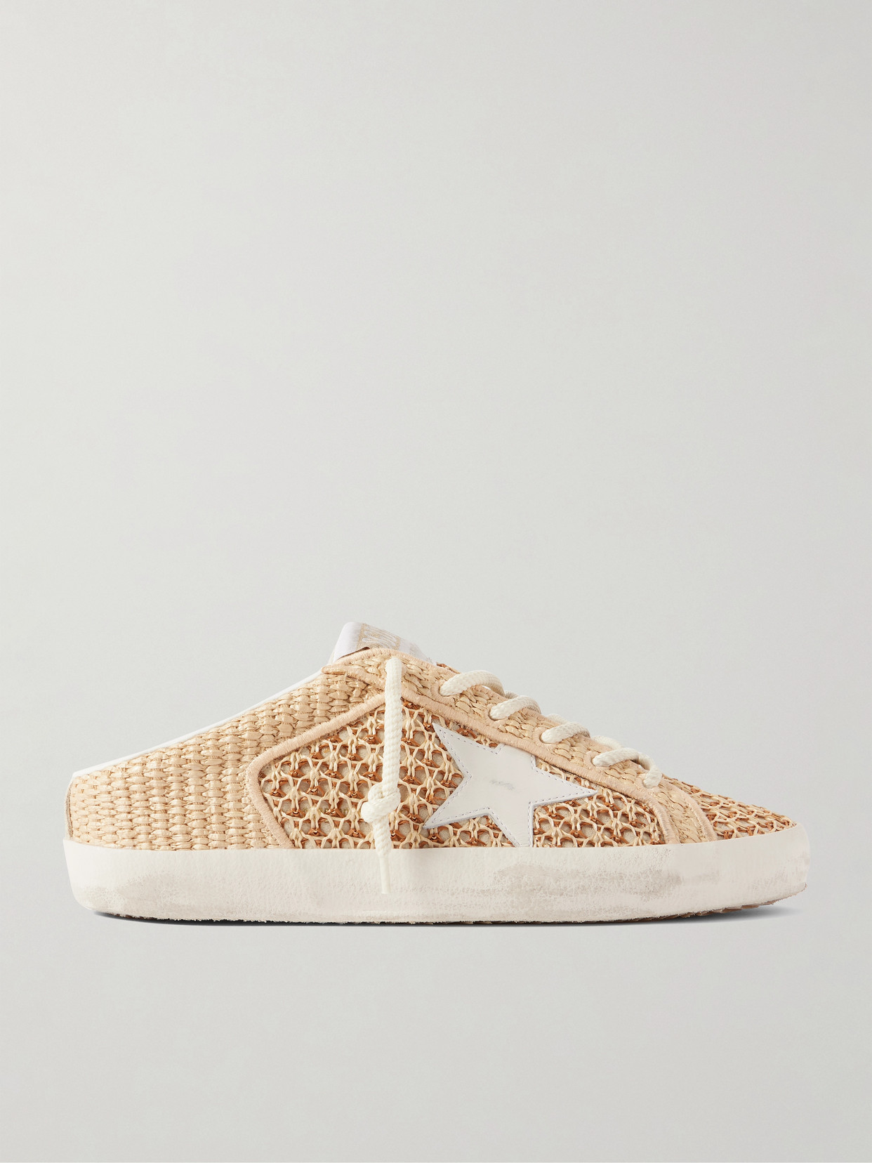 Golden Goose Superstar Sabot Distressed Leather-trimmed Raffia Slip-on Sneakers