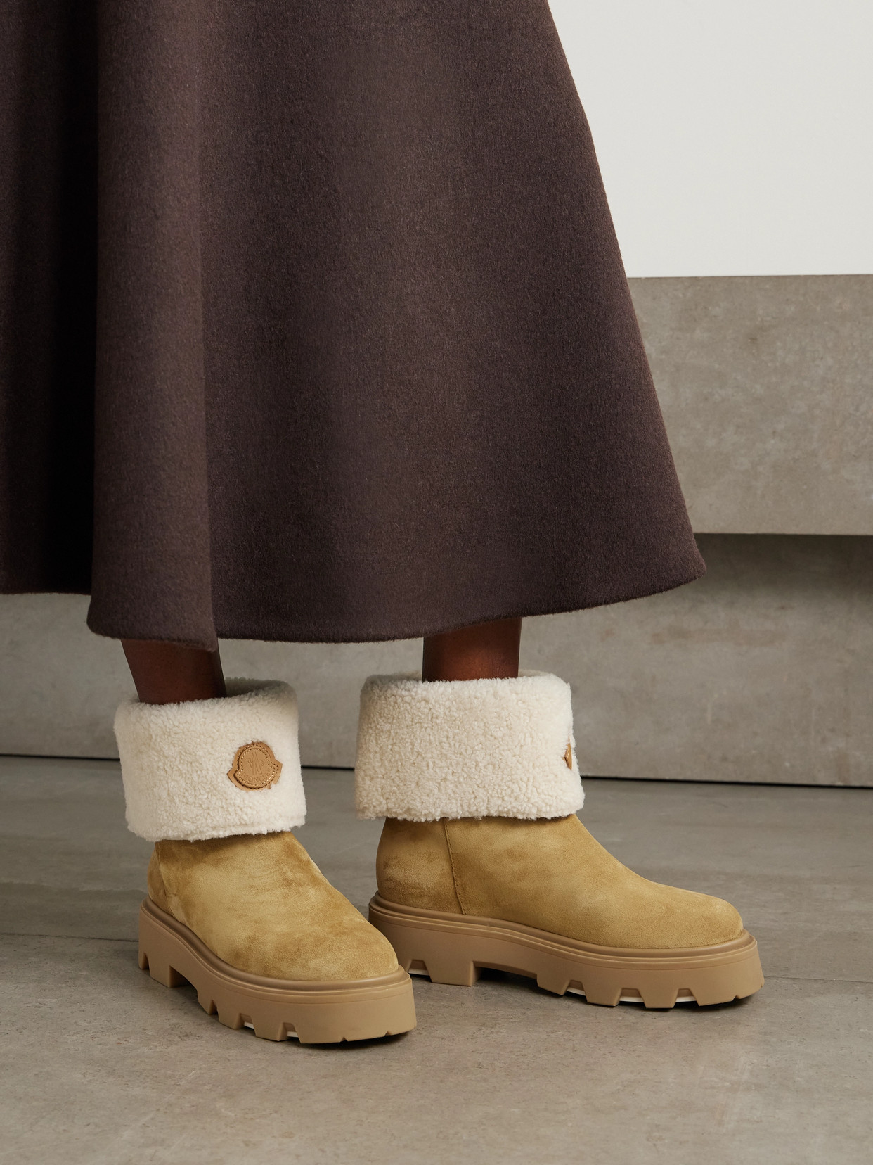 Moncler Aurea Suede And Shearling Mid Ankle Boots In Multi