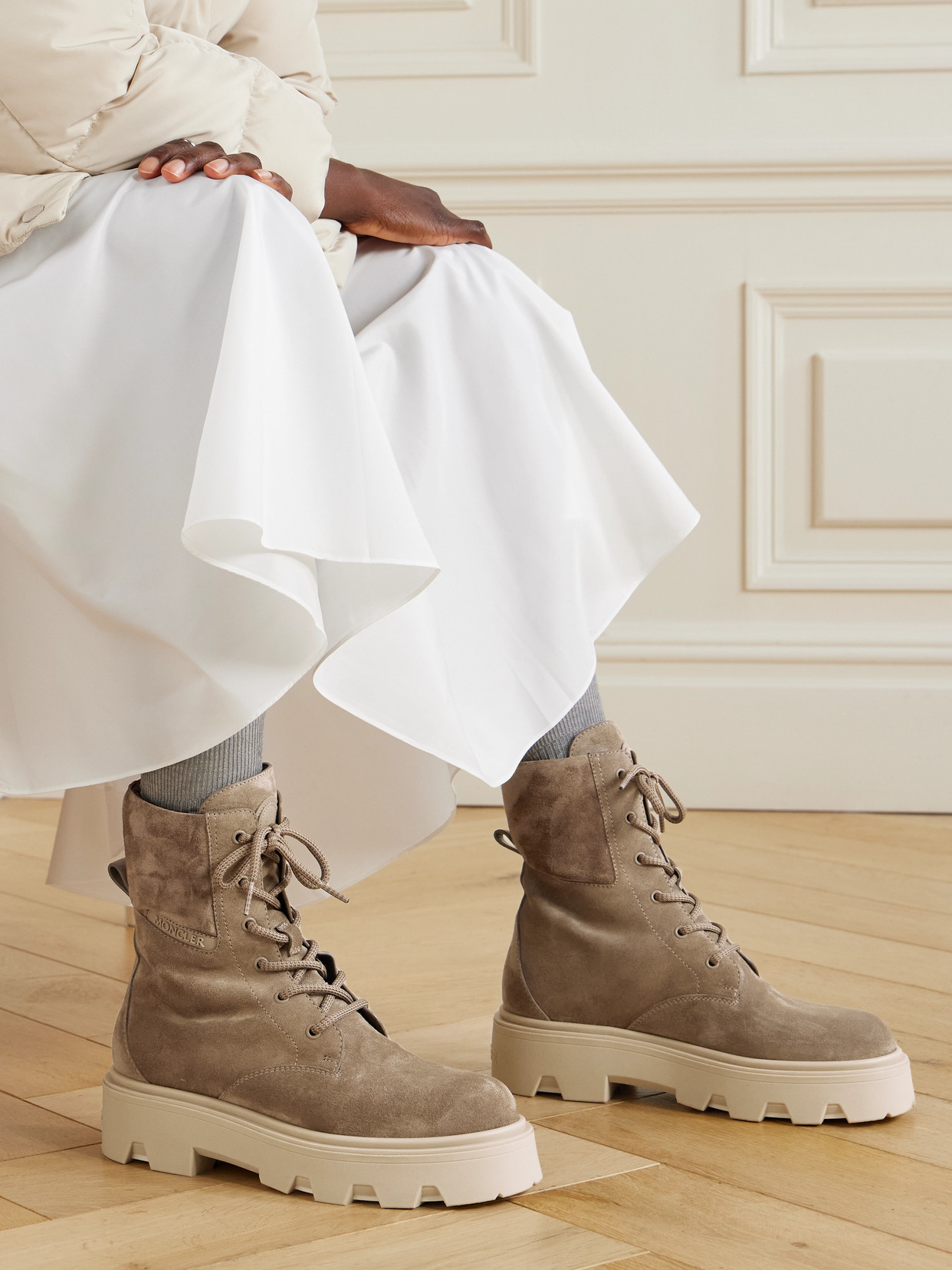 Moncler Logo Patch Lace-up Boots In Brown
