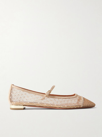 AQUAZZURA Juliette suede-trimmed embroidered mesh Mary Jane ballet flats