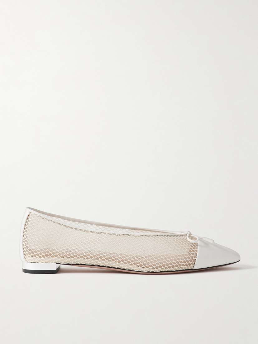 Aquazzura Gioia Bow-detailed Leather-trimmed Mesh Ballet Flats