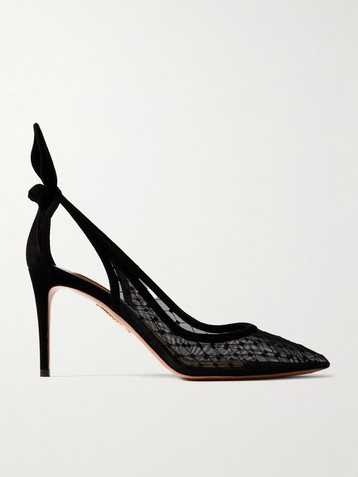 AQUAZZURA Bow Tie 85 embroidered mesh and suede pumps