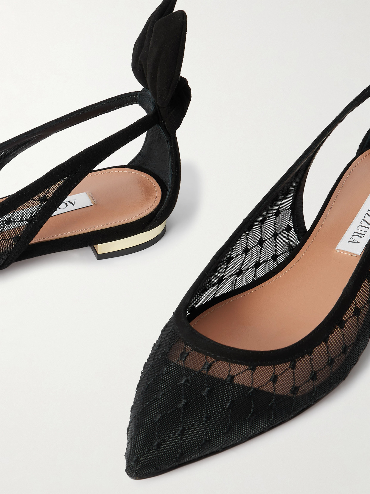 Aquazzura Black Mesh And Suede Ballerinas With Bow In Black