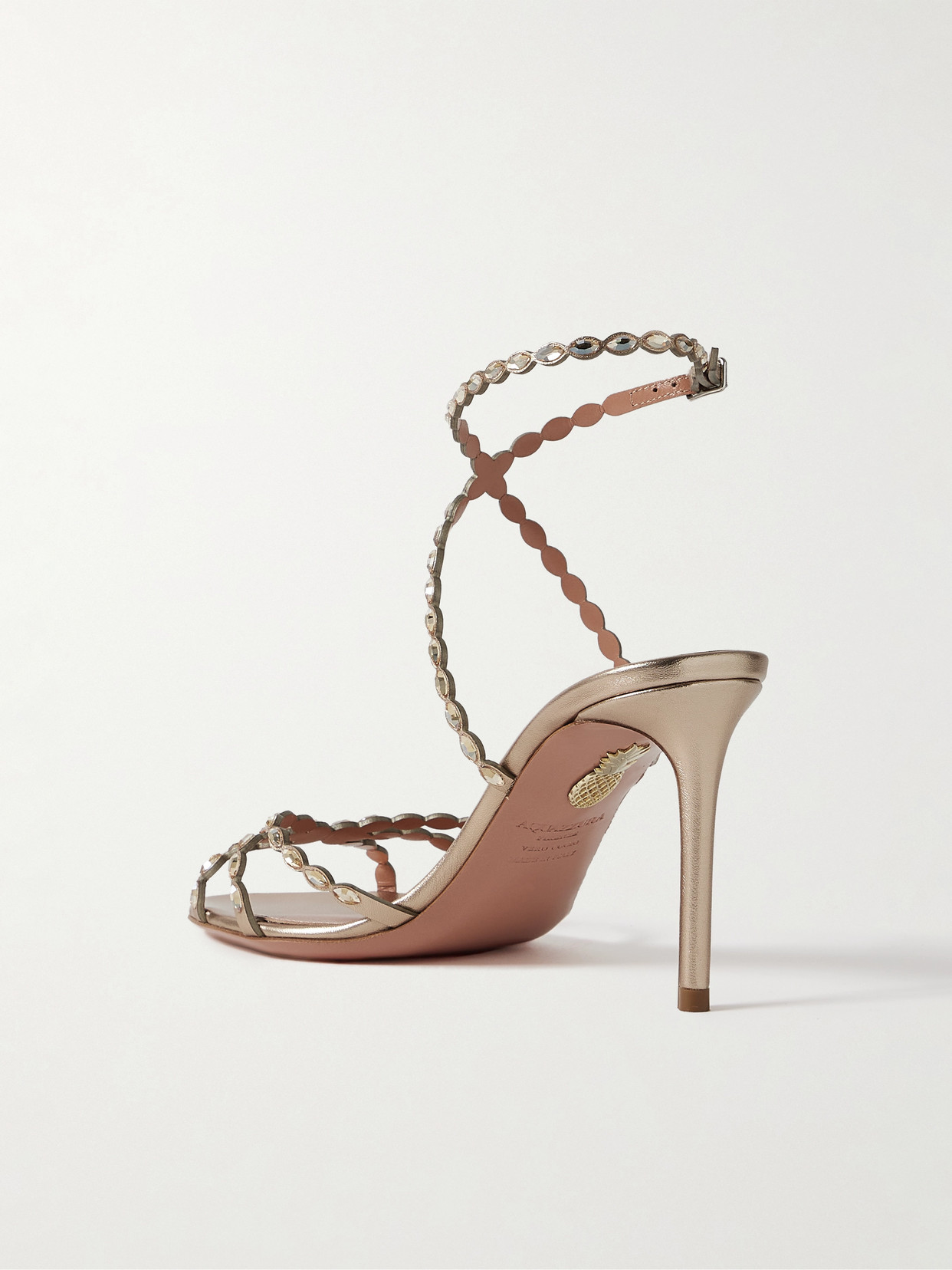 Aquazzura Love Struck 85 Crystal-embellished Metallic Leather Sandals In Animal Print