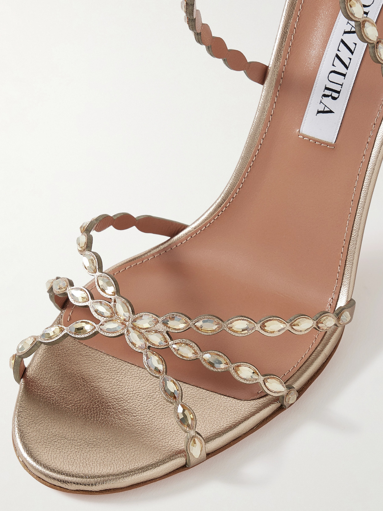Aquazzura Love Struck 85 Crystal-embellished Metallic Leather Sandals In Animal Print
