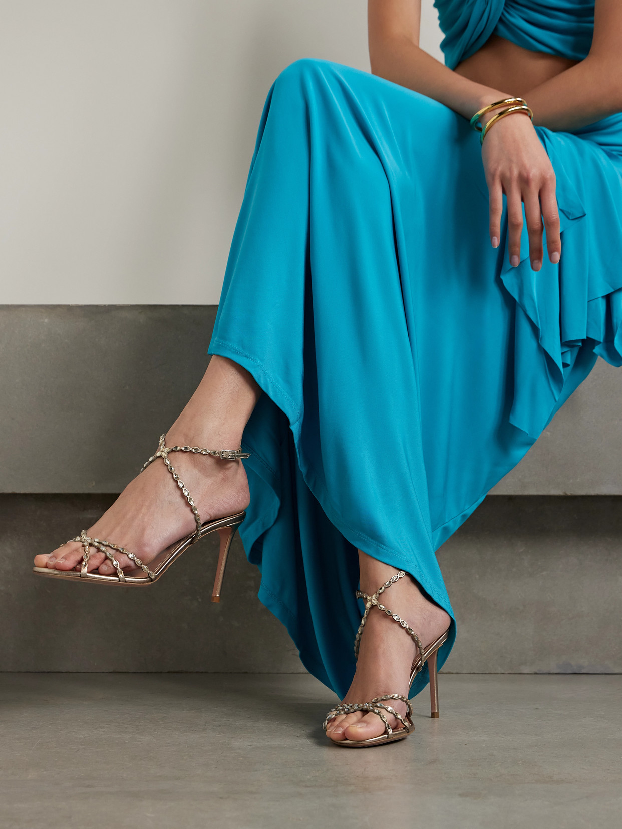 Aquazzura Love Struck 85 Crystal-embellished Metallic Leather Sandals In Animal Print