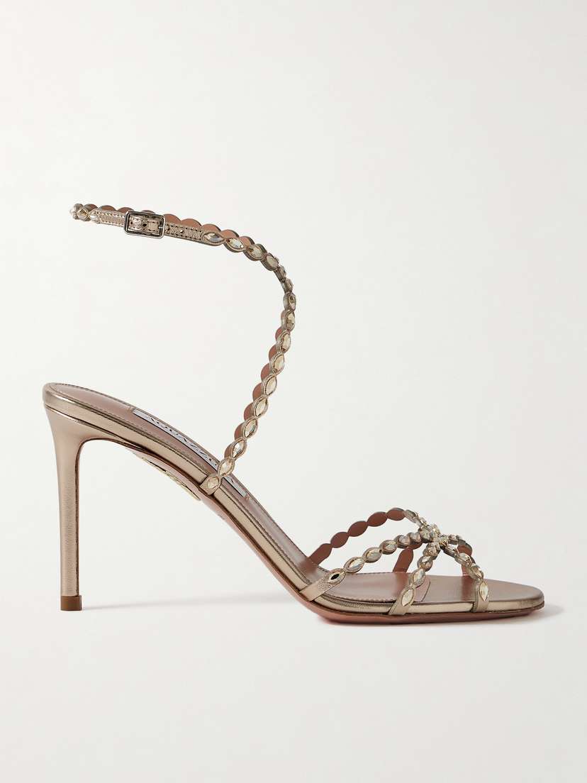 Aquazzura Love Struck 85 Crystal-embellished Metallic Leather Sandals