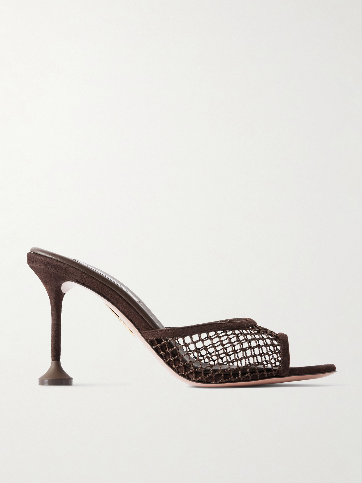 Aquazzura Bisous 85 Suede-trimmed Fishnet Mules In Brown