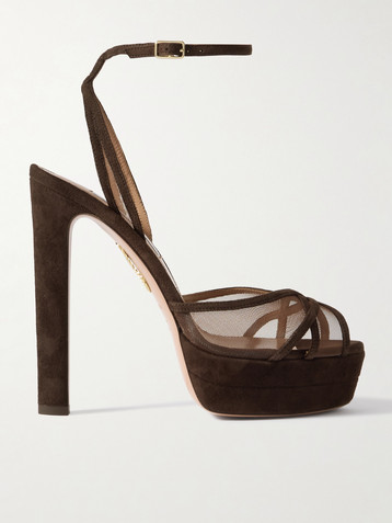 AQUAZZURA Shear Plateau 130 suede-trimmed mesh platform sandals