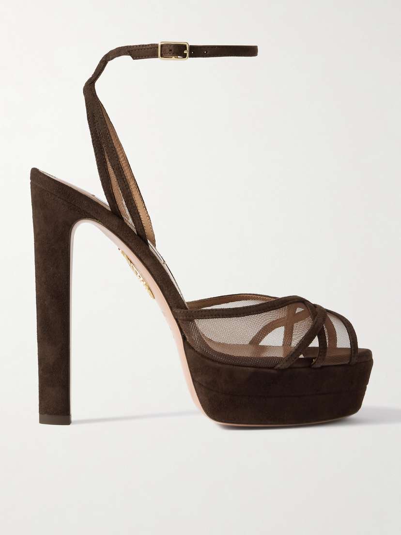 Aquazzura Shear Plateau 130 Suede-trimmed Mesh Platform Sandals