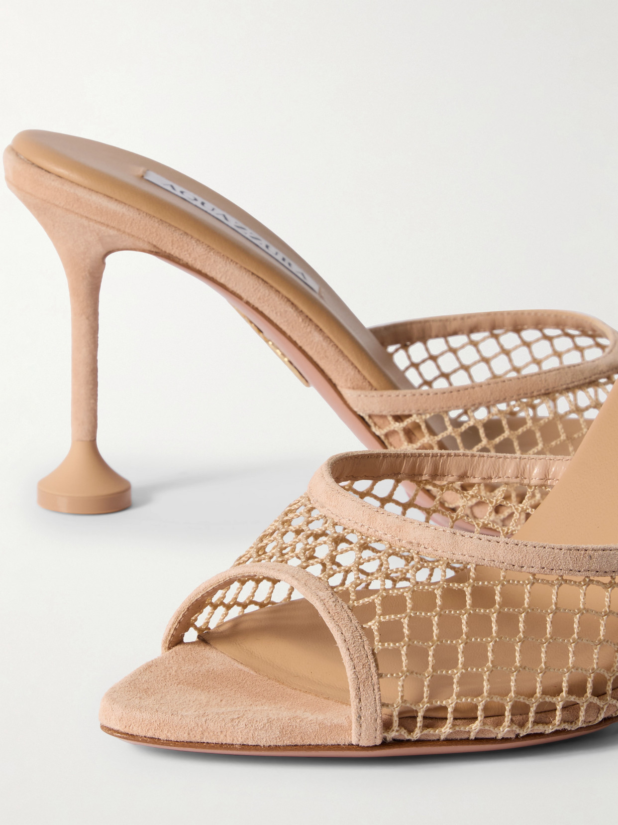 Aquazzura Bisous 85 Suede-trimmed Fishnet Mules