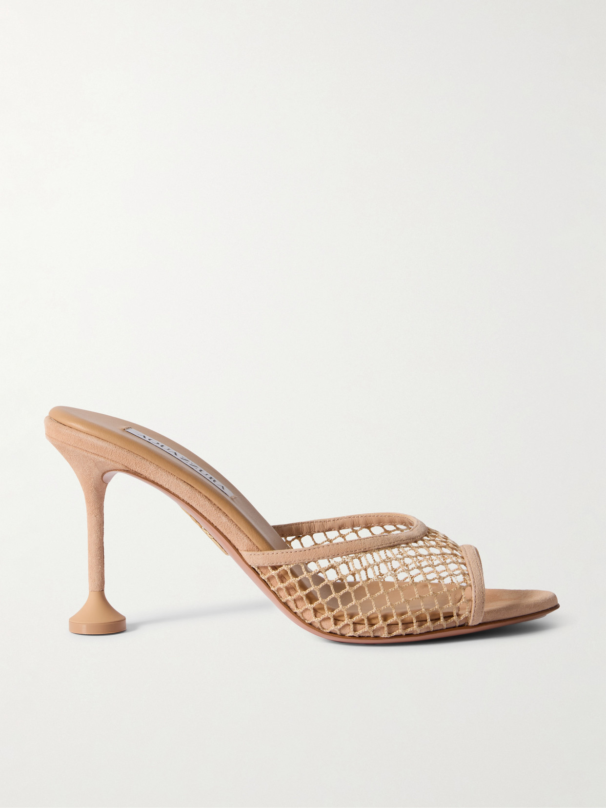 Aquazzura Bisous 85 Suede-trimmed Fishnet Mules In Neutral