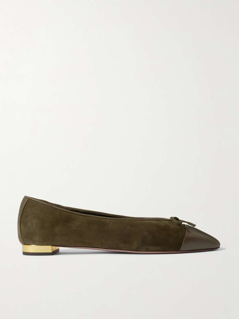 Aquazzura Gioia Bow-detailed Leather-trimmed Suede Ballet Flats