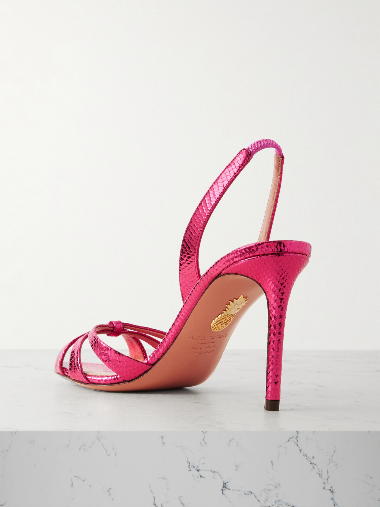 Aquazzura Tati 85 Metallic Snake-effect Leather Slingback Sandals In Pink