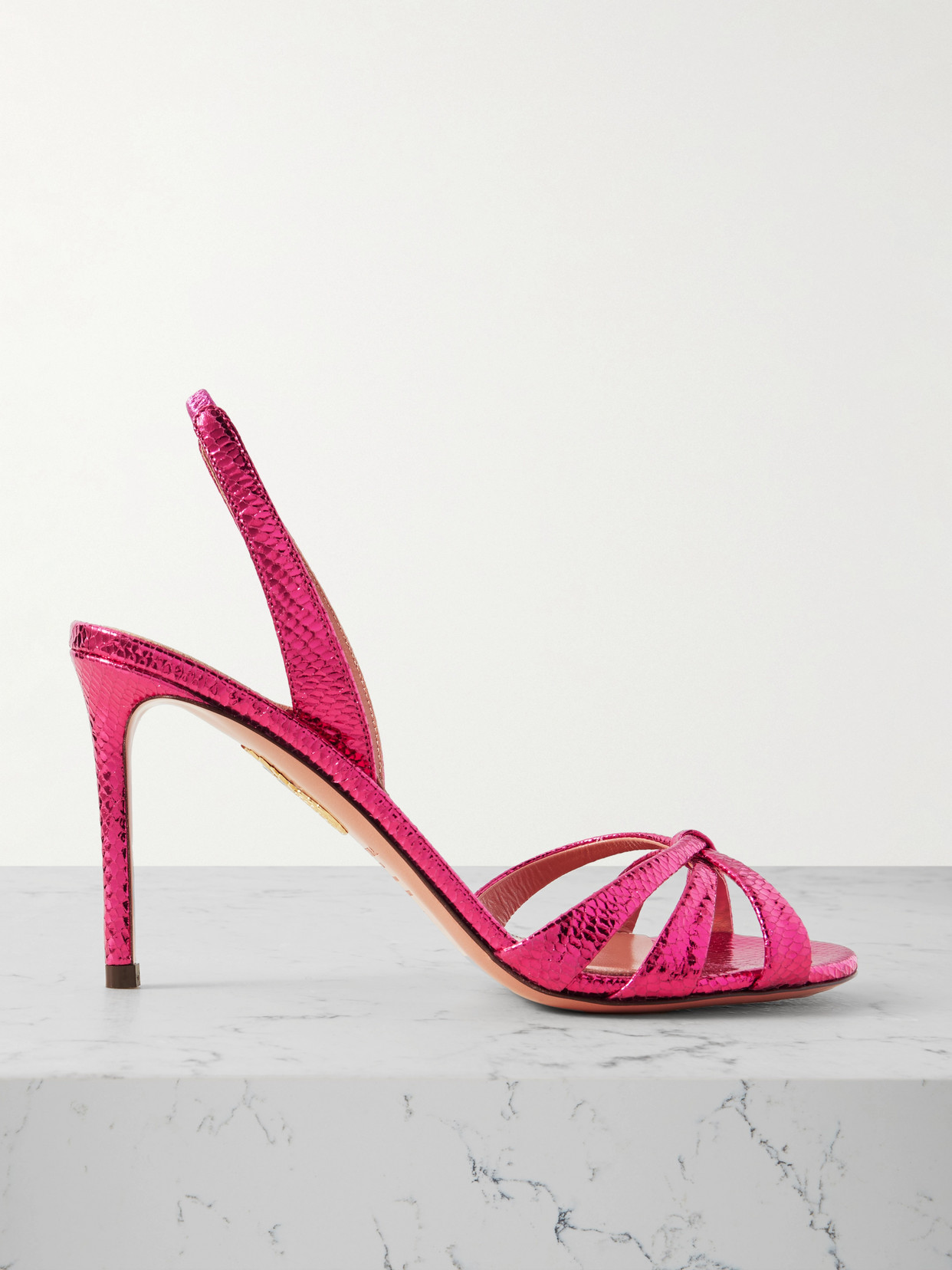 Aquazzura Tati 85 Metallic Snake-effect Leather Slingback Sandals