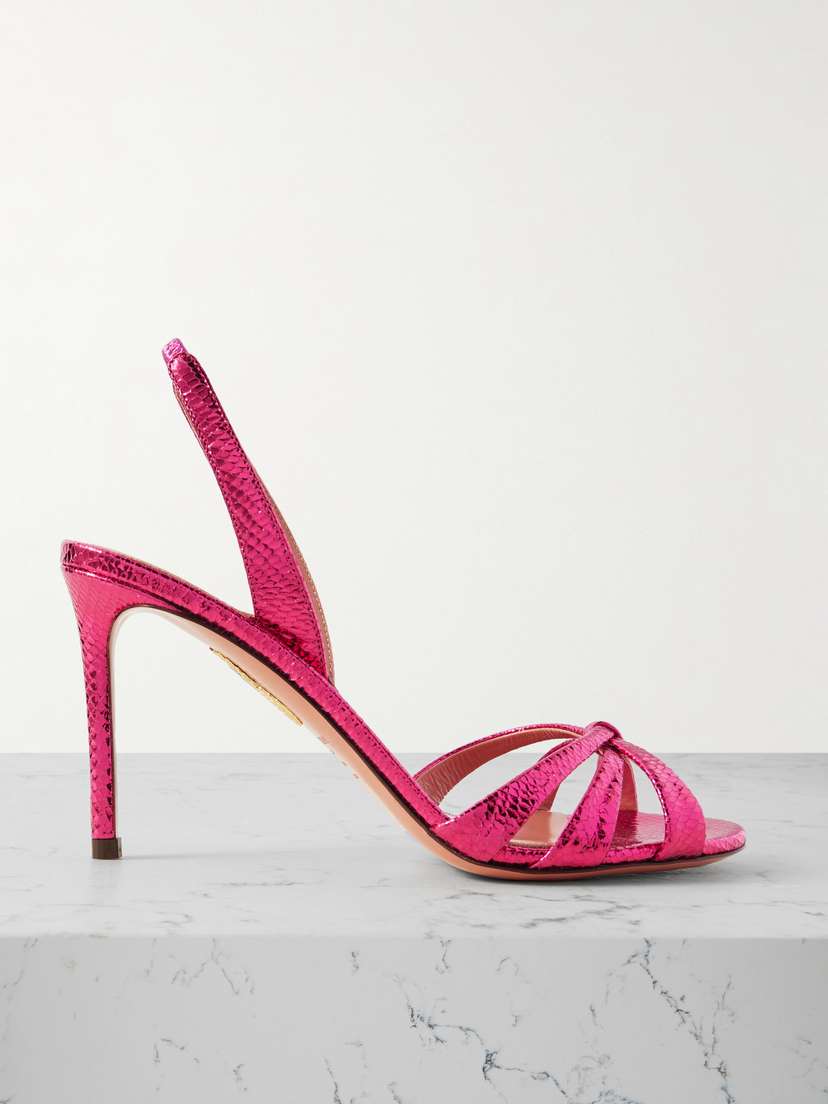 Aquazzura Tati 85 Metallic Snake-effect Leather Slingback Sandals