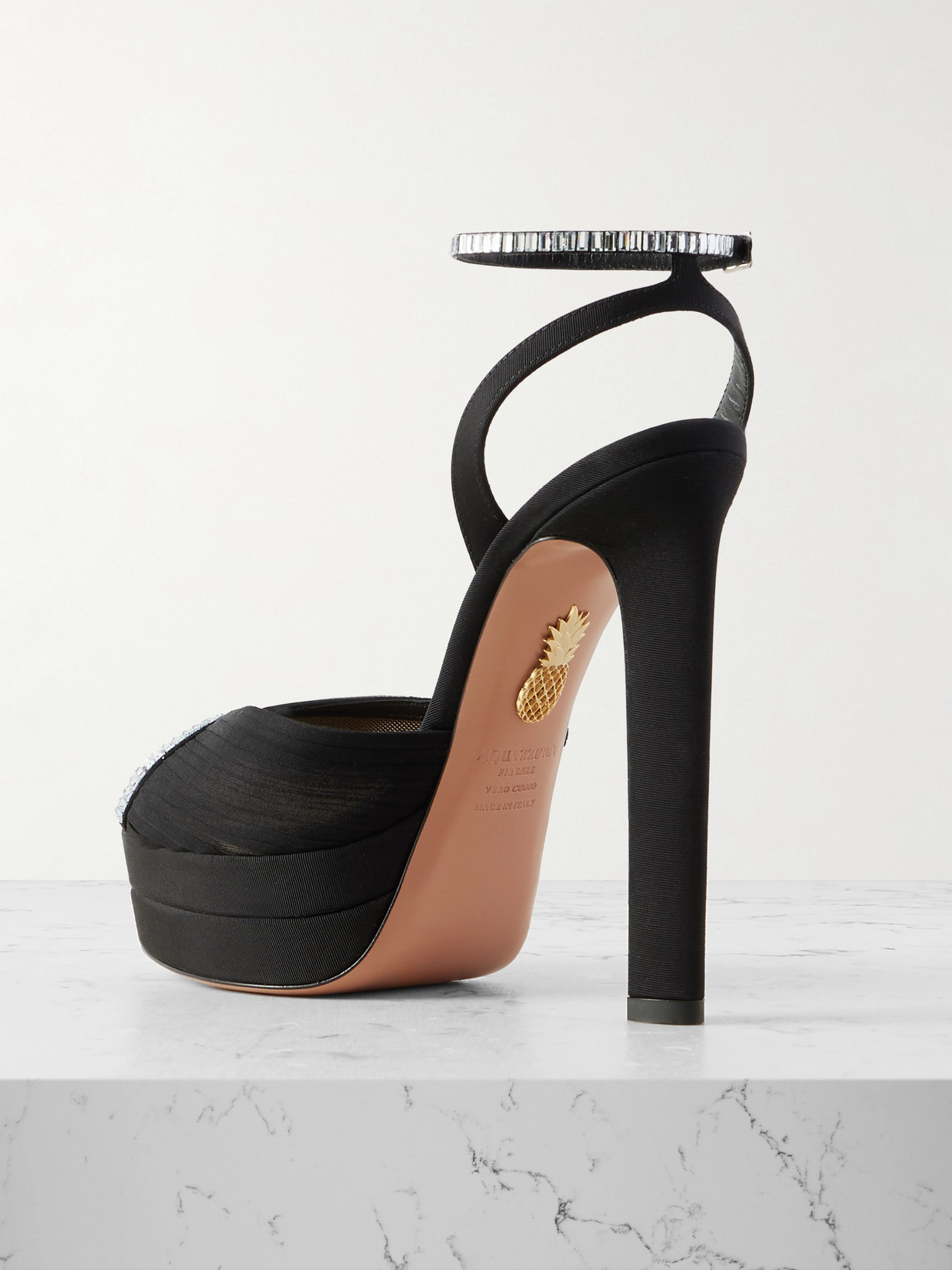 Aquazzura Be Mine Plateau 130 Crystal-embellished Grosgrain-trimmed Pleated Chiffon Platform Sandals