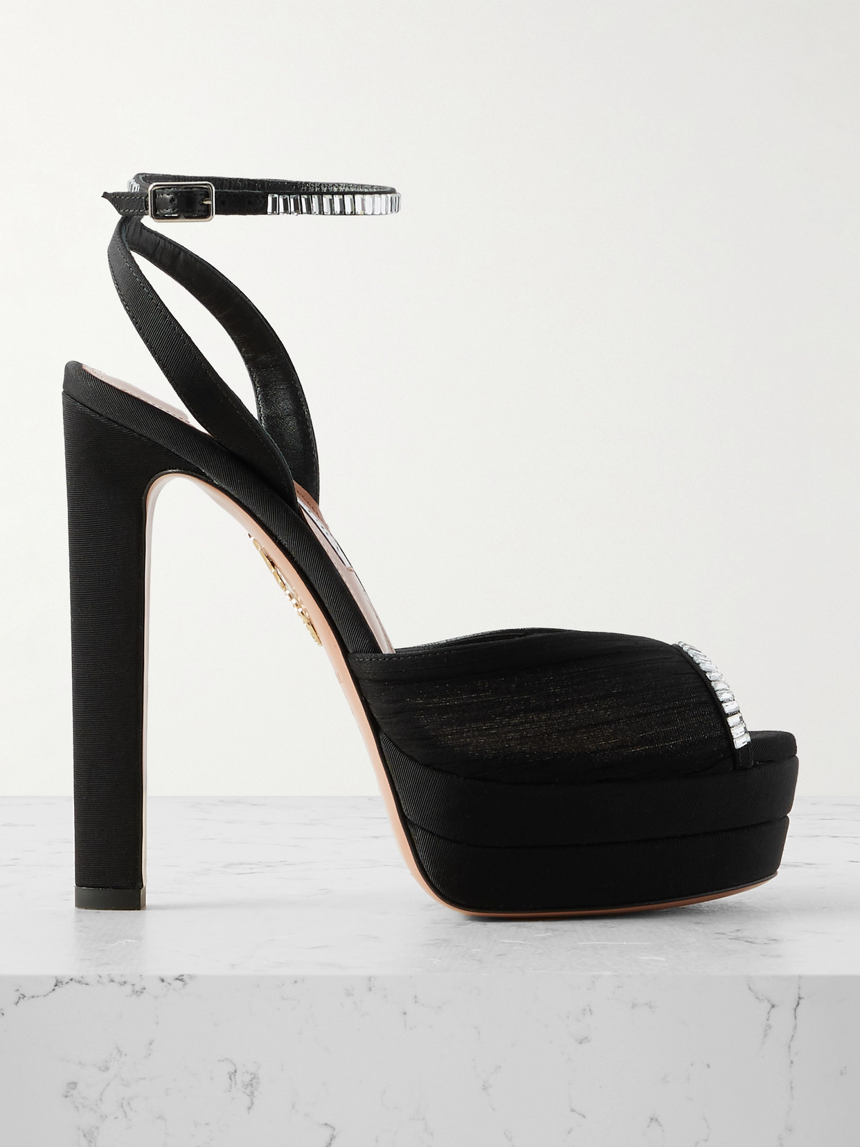 Aquazzura Be Mine Plateau 130 Crystal-embellished Grosgrain-trimmed Pleated Chiffon Platform Sandals