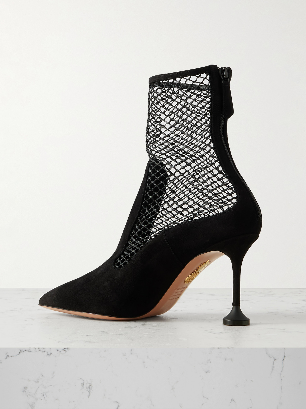 Aquazzura Dawn 85 Fishnet-trimmed Suede Ankle Boots In Black