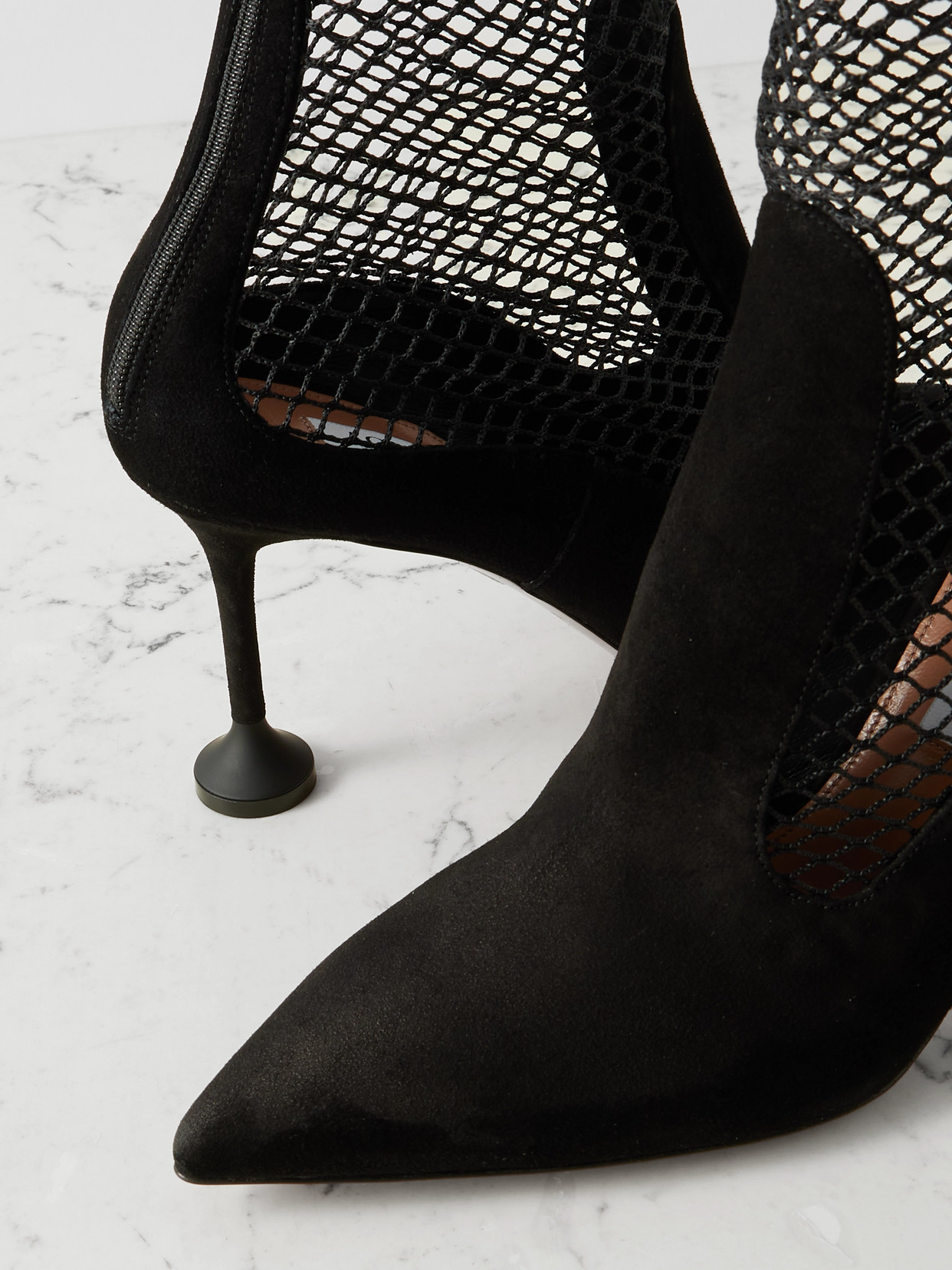 Aquazzura Dawn 85 Fishnet-trimmed Suede Ankle Boots In Black
