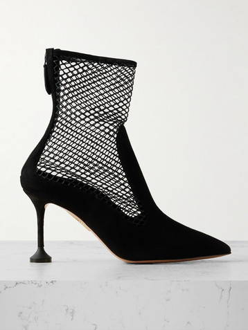 AQUAZZURA Dawn 85 fishnet-trimmed suede ankle boots