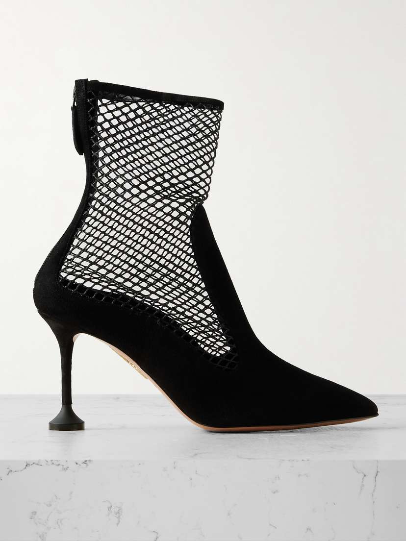 Aquazzura Dawn 85 Fishnet-trimmed Suede Ankle Boots