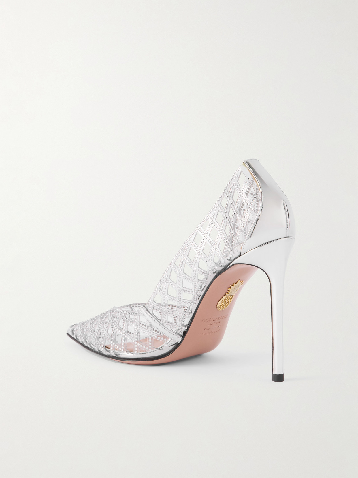 Aquazzura Lumiere 105 Metallic Leather-trimmed Crystal-embellished Cutout Pvc Pumps In Gray