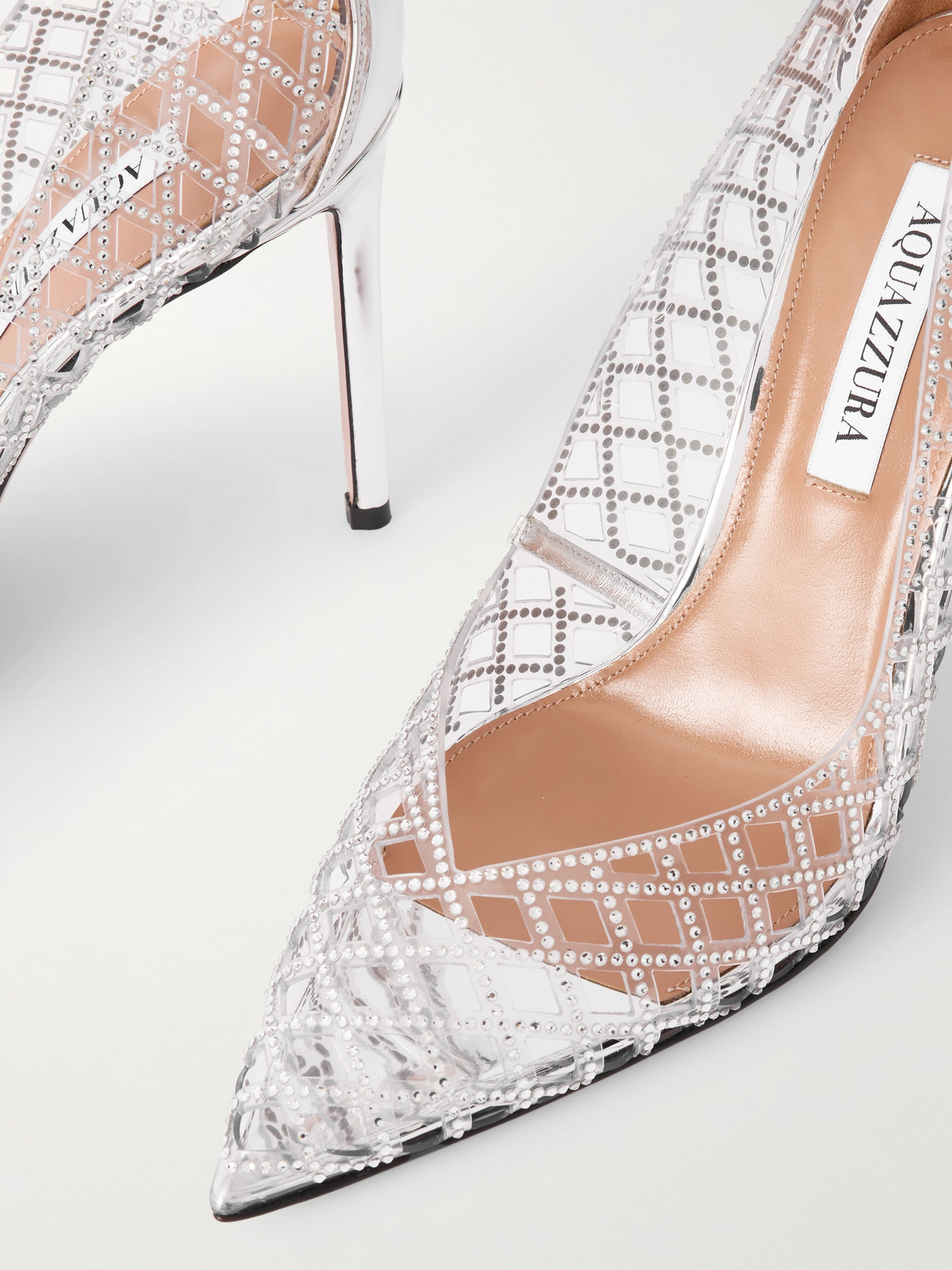 Aquazzura Lumiere 105 Metallic Leather-trimmed Crystal-embellished Cutout Pvc Pumps In Gray