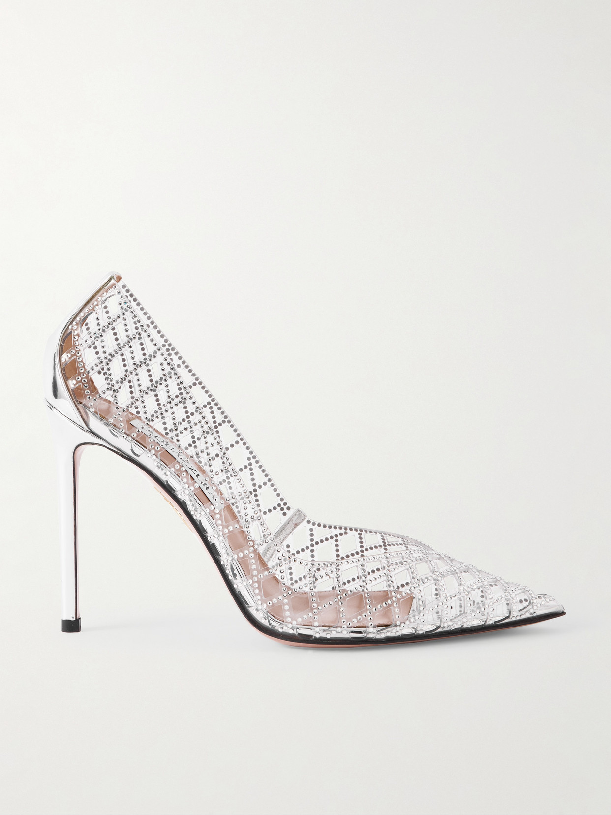 Aquazzura Lumiere 105 Metallic Leather-trimmed Crystal-embellished Cutout Pvc Pumps In Silver