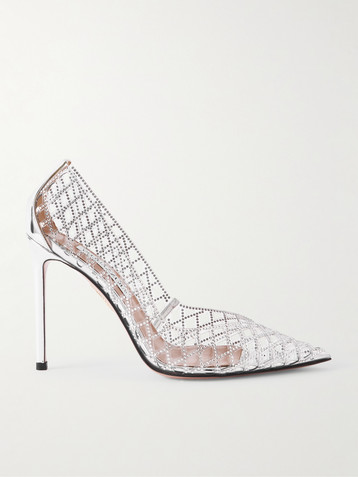 AQUAZZURA Lumiere 105 metallic leather-trimmed crystal-embellished cutout PVC pumps