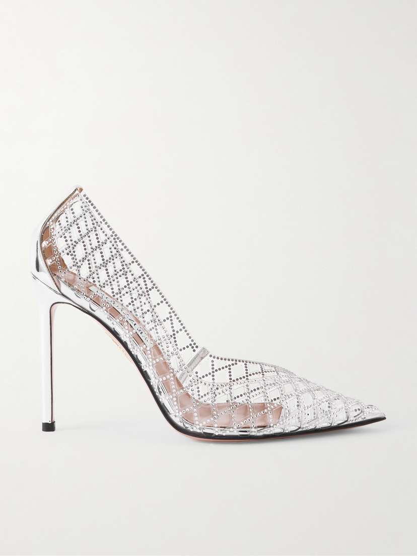 Aquazzura Lumiere 105 Metallic Leather-trimmed Crystal-embellished Cutout Pvc Pumps