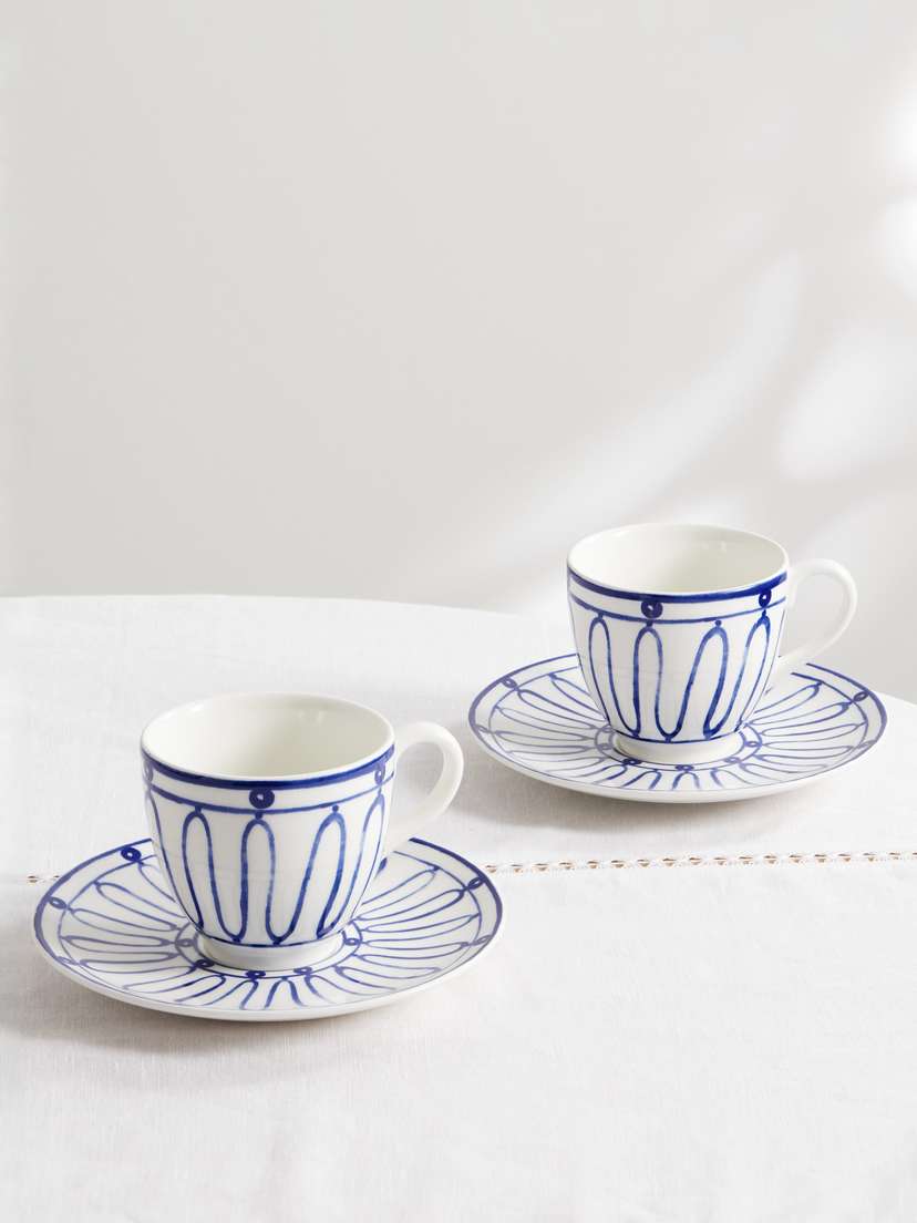 Themis Z Kyma Set Of Two Painted Porcelain Cups And Saucers