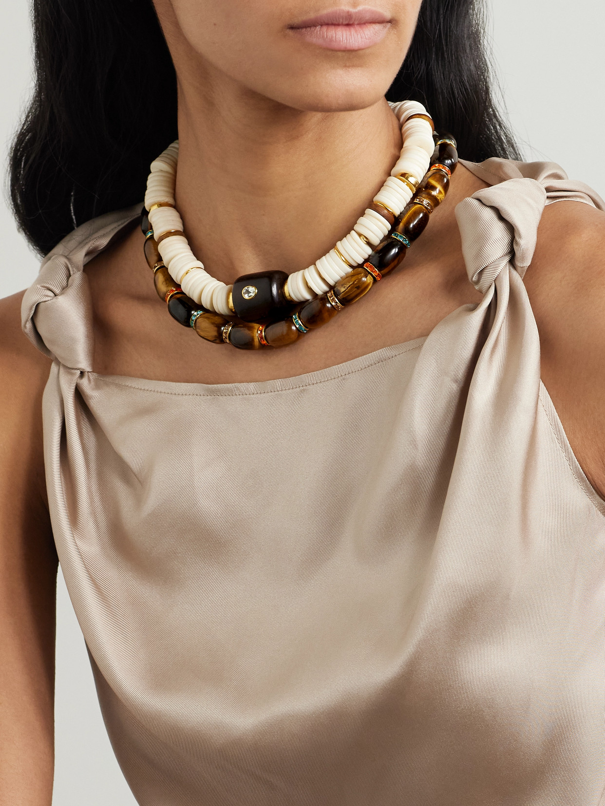 Julietta Donna Gold-tone Tiger's Eye And Crystal Necklace In Brown