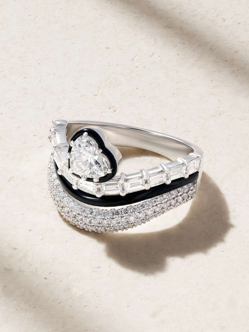Kamyen Heart 18-karat White Gold, Diamond And Enamel Ring